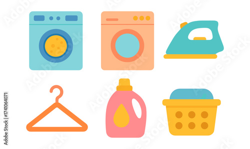 Colorful laundry icons set featuring washing machine, iron, and detergent bottle