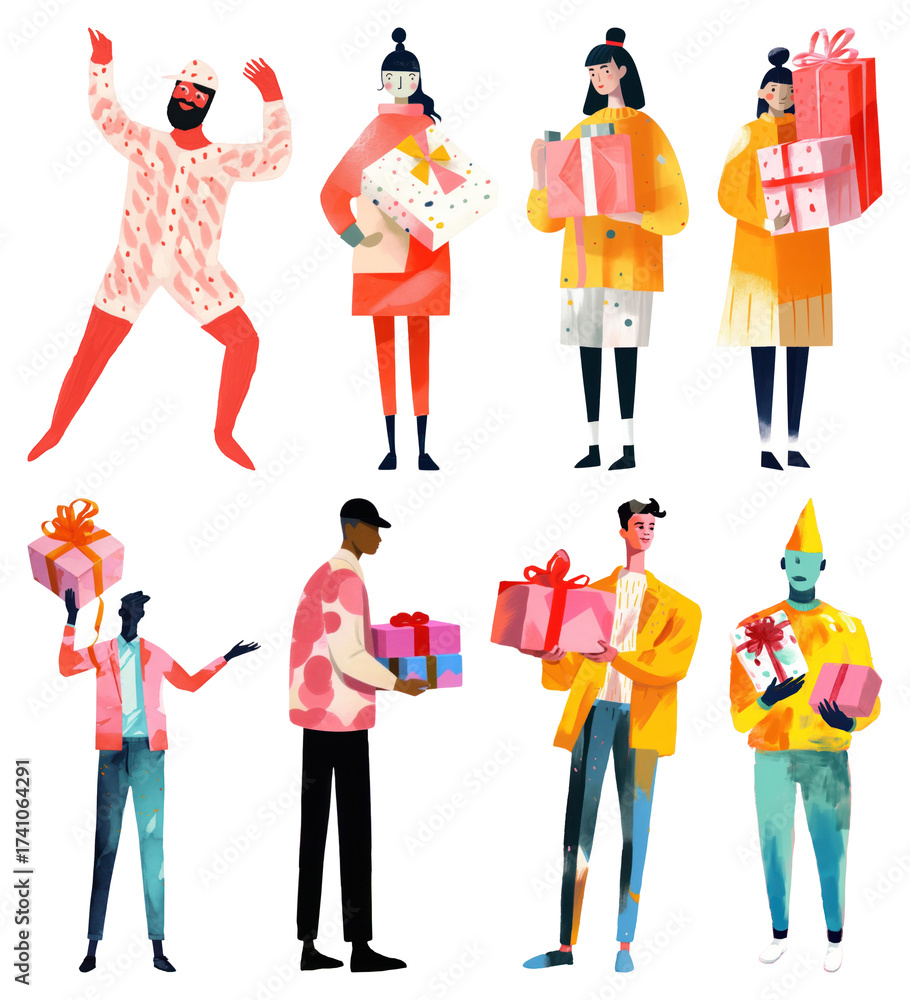 Obraz premium PNG Colorful characters exchanging gifts, element set on transparent background