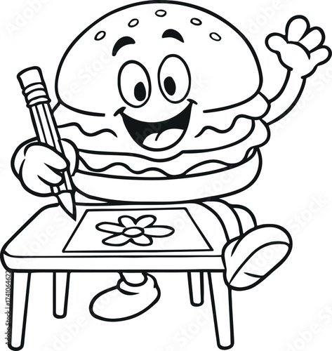 Creative Burger Drawing a Flower – Cartoon Food Character