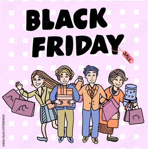 black friday sale shopping vector with cute human cartoon flat design showing retail consumer crowd and festive bargain