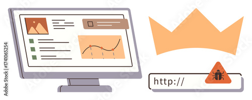 Computer screen displaying analytics, graph, and list, crown symbol, and infected URL warning. Ideal for cybersecurity, data protection, analysis, malware risk online safety user education simple
