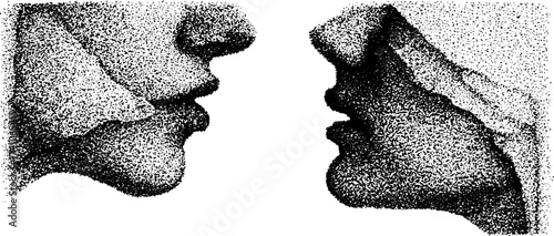 Detailed dotwork stippling illustration of abstract face shapes in profile