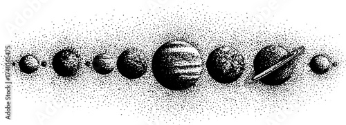 Aligned planets dotwork illustration featuring stipple effect for design and art projects