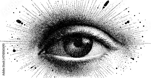 Intricate dotwork stippling illustration of an all-seeing eye with halftone effect