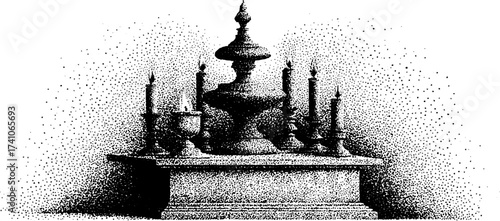 Intricate dotwork illustration of an altar with candles for artistic design