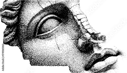 Ancient greek sculpture close-up in stipple art for design and decoration
