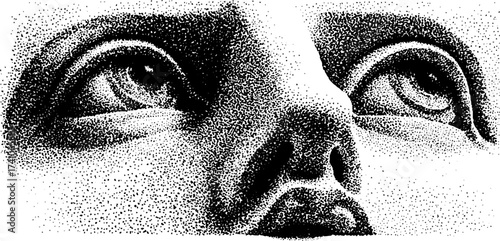 Detailed dotwork stippling of ancient greek sculpture face in black and white for art and design