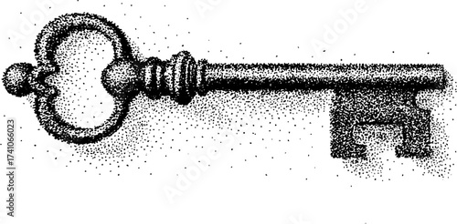 Intricate dotwork stippling of an antique metal key for vintage design and decor
