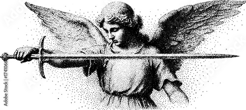 Intricate dotwork stippling artwork of archangel with sword for inspirational design