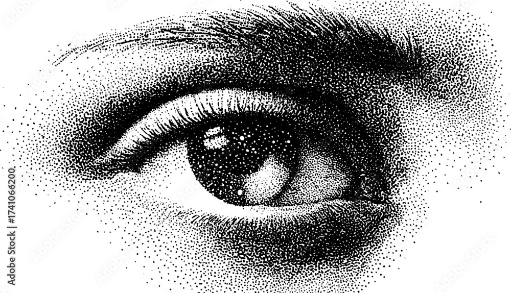 Obraz premium Intricate dotwork stippling illustration of a human eye mid-close-up for design projects