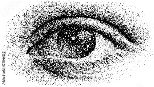 Intricate dotwork stipple art of an eye capturing a starry reflection for creative design