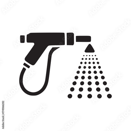 Isolated dark blue icon of a spray gun with a hose and a stream of water on a white background