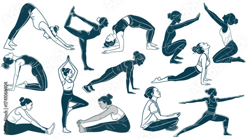 yoga woman vector silhouette : yoga poses collection featuring women practicing fitness, balance, stretching, and meditation in various postures