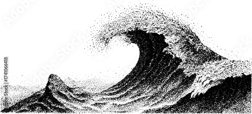 Detailed dotwork stippling illustration of ocean wave curl for artistic design