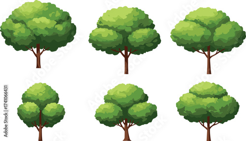 Six cartoon trees, foliage illustration, deciduous and stylized trees, landscaping design, garden planning asset, vector plants, outdoor environment, nature elements, greenery icons