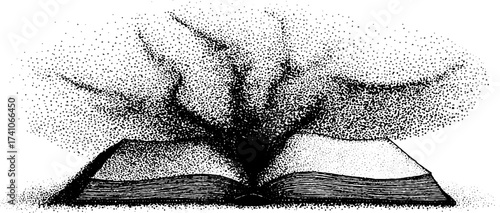 Vintage stipple illustration of an open old book with magical effect for artistic design