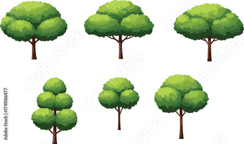Six different trees, foliage illustration, deciduous and stylized trees, landscaping design, garden planning asset, vector plants, outdoor environment, nature elements, greenery icons