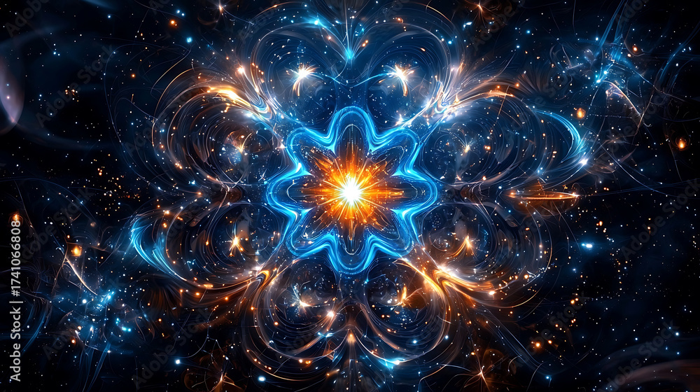 Naklejka premium Vibrant star like burst of energy radiates from center, surrounded by intricate patterns and glowing colors, creating mesmerizing cosmic scene