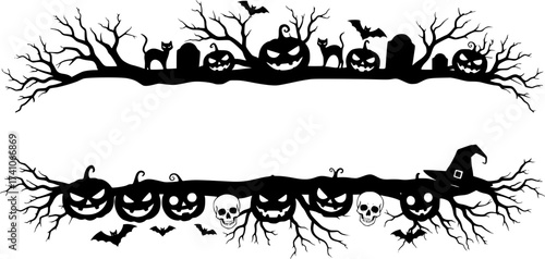 Halloween frame border and divider. Isolated vector spooky decorative holiday element with black silhouettes of creepy pumpkin faces, cats, human skulls, flying bats and witch hat on tree branches