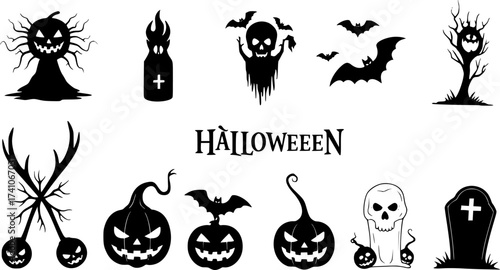 set of halloween icon silhouette vector on tranparent background

