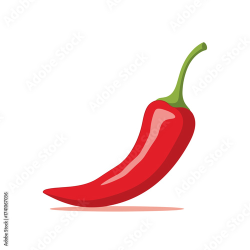 A vibrant red chili pepper with a green stem casting a subtle shadow on a white background.