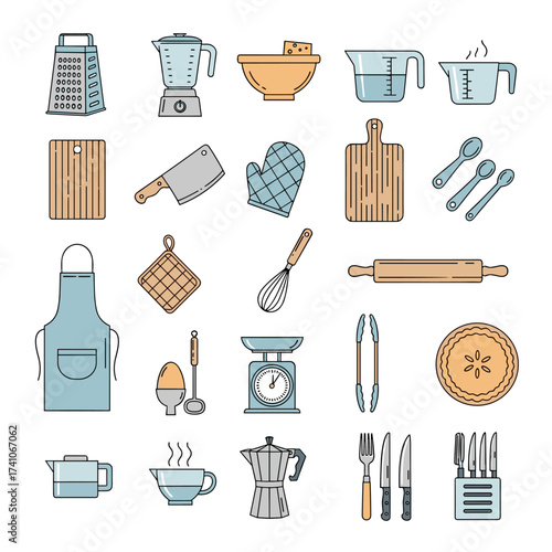 A collection of kitchen tools and utensils for cooking and baking.