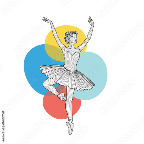 Elegant ballerina gracefully performing a dance on pointe shoes with colorful circles in the background.