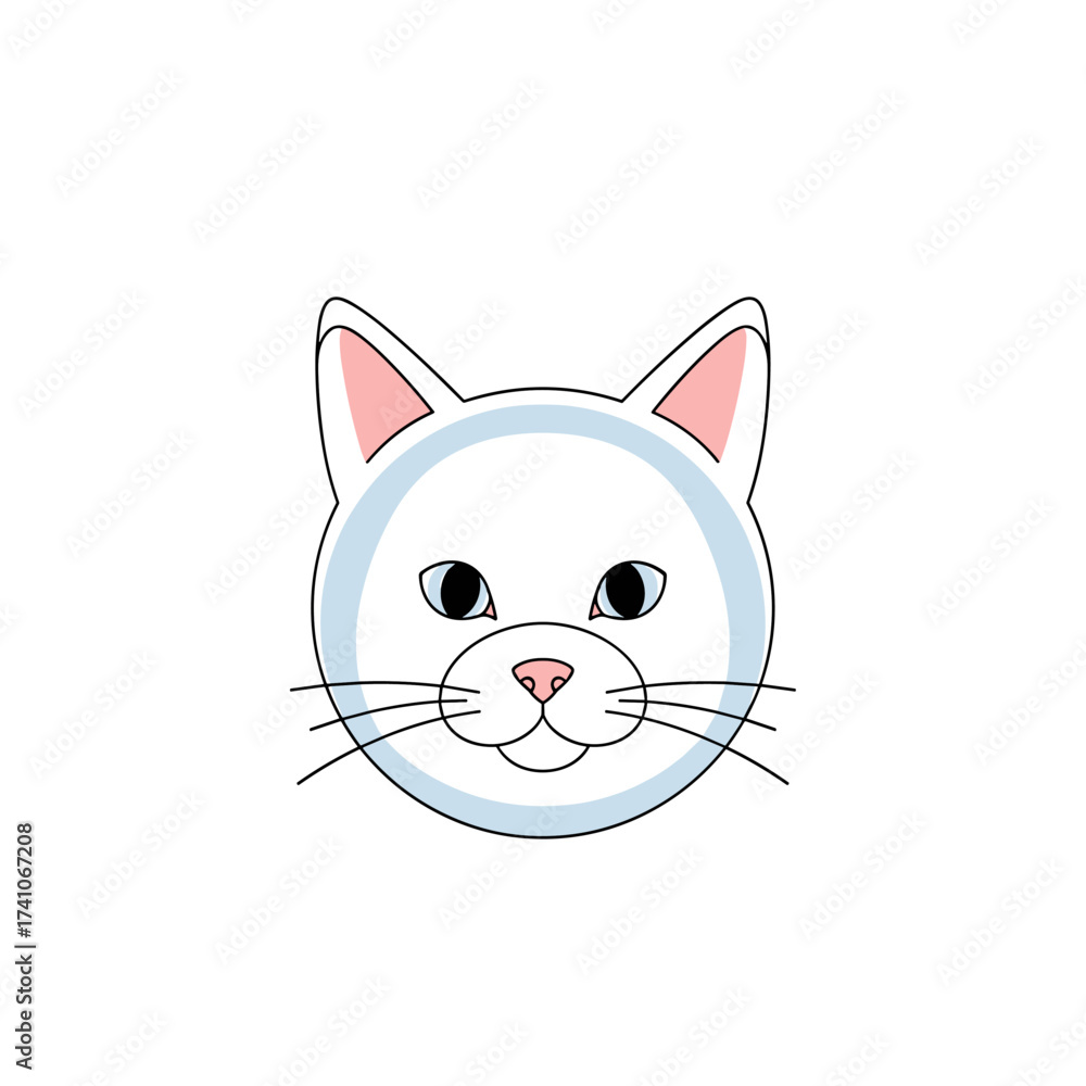 Fototapeta premium A simple and charming illustration of a white cat's face with blue eyes and pink ears.