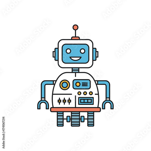 A friendly cartoon robot with a happy face and blue accents stands on wheels.
