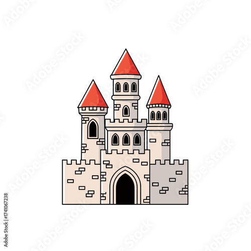 An illustration of a medieval castle with red turrets and crenellations suggesting a fantasy or historical setting.