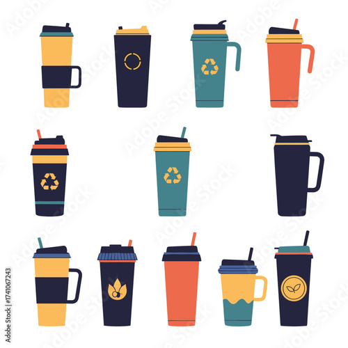 Collection of reusable coffee cups and tumblers in various colors and designs featuring eco friendly symbols.