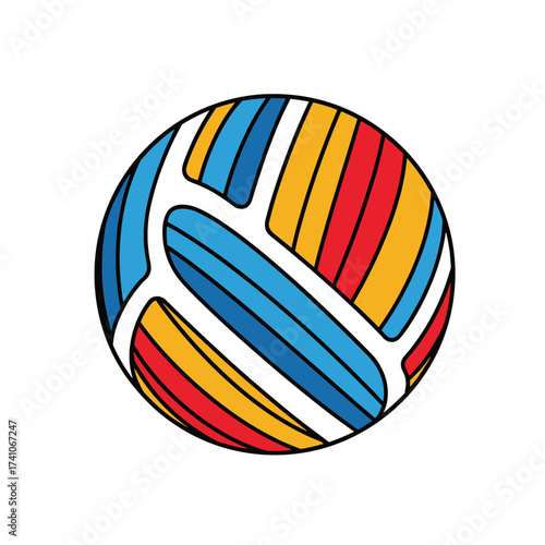 A colorful volleyball with segmented panels in blue yellow and red against a white background.