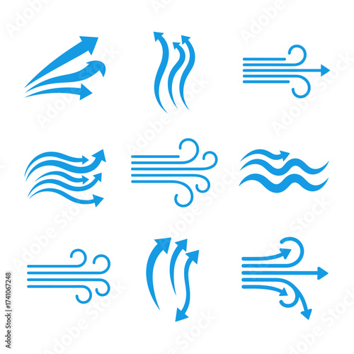 Collection of various wind and air flow vector arrows representing movement and direction.