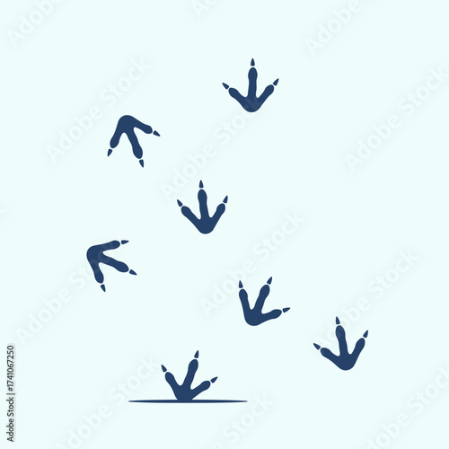 A collection of seven dark blue bird footprints scattered across a light blue background.