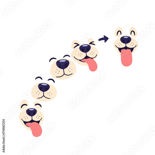 Illustrating a sequence of happy dog face expressions changing over time.