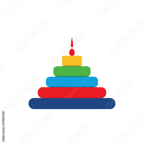 A colorful stacking toy with a red top piece.