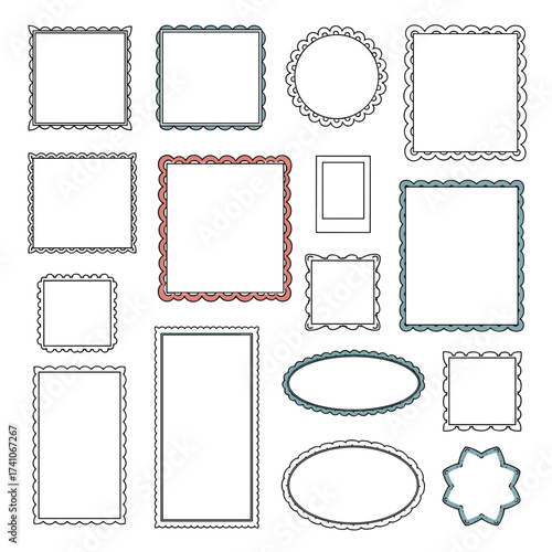 A decorative collection of various shaped empty picture frames with ornate edges.