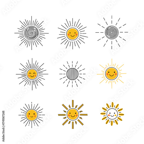 A charming collection of stylized sun icons in a variety of delightful designs for artistic applications.