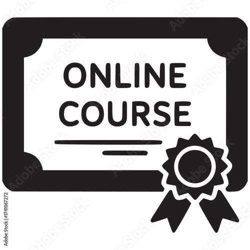 A black and white illustration of an online course certificate with a ribbon and a white background