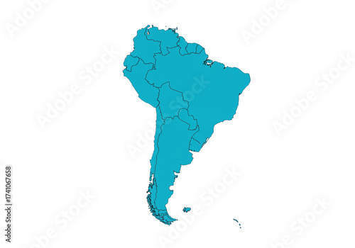 South America map in blue isolated on transparent background, continent geography outline