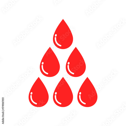Red blood drops arranged in pyramid shape symbolize donation and health on white surface, representing medical concept with clean and minimalist style.