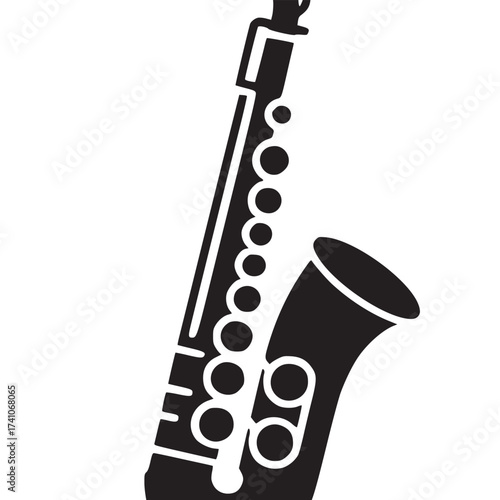 A bold silhouette of a saxophone with keys and mouthpiece on a stark white background creating contrast