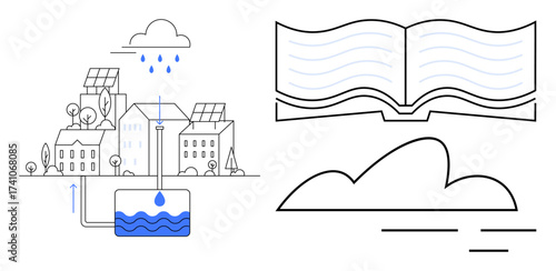 Rainwater harvesting system, solar energy homes, open book, and cloud represent eco-conscious living. Ideal for sustainability, renewable energy, education, cloud storage, urbanization environment