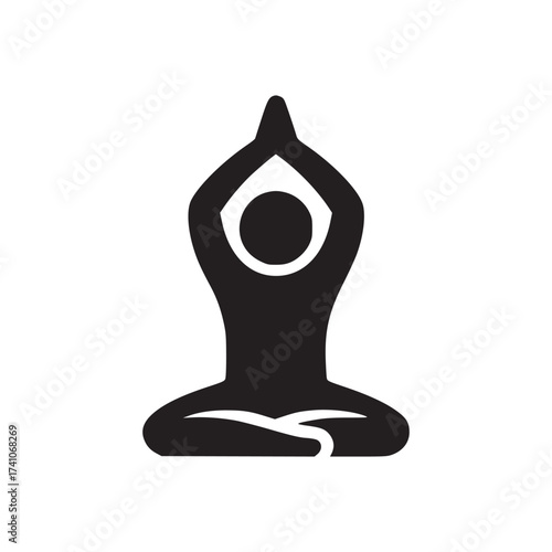 A dark silhouette of a person in a lotus position with hands raised on a white background centered