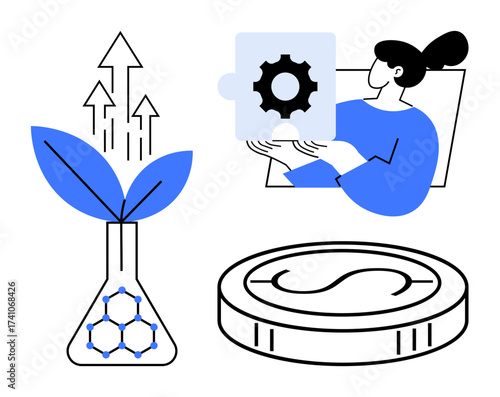 Woman holding puzzle with gear, plant sprouting from flask, dollar coin. Ideal for innovation, growth, sustainability, finance, problem-solving science entrepreneurship. Simple flat metaphor