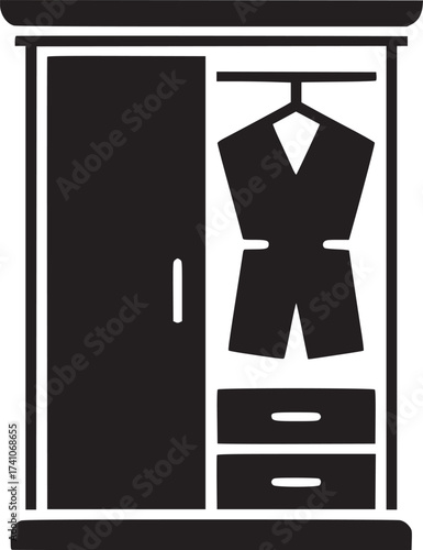 A black and white illustration of a wardrobe with a dress hanging inside and drawers at the bottom
