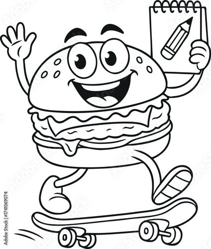 Skateboarding Burger with Notepad – Cartoon Food Character
