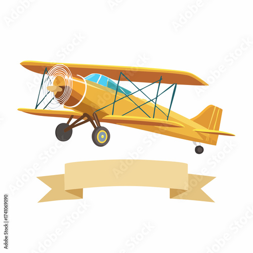 Flying vintage plane with the advertising banner modern flat