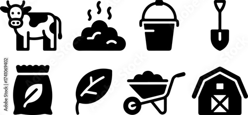 Monochrome flat vector icons representing farming and agriculture with a cow, manure, and barn