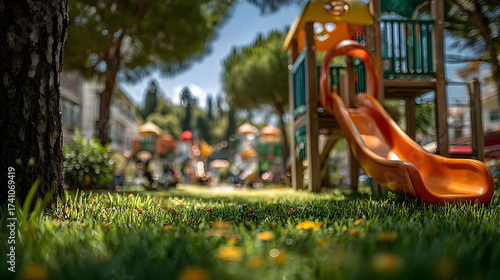 Vibrant colorful playground equipment set on lush turf surrounded by tall trees and a secure fencing system creating a cheerful and inviting outdoor play space for children under a sunny blue sky